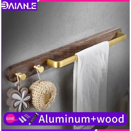 Bathroom towel rod solid walnut wall mounted Towel bar with hook screw free installation golden waterproof towel bar holder