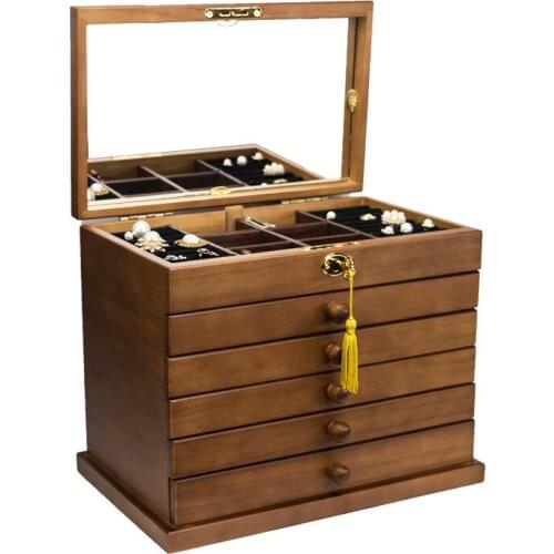 4 Set Solid Wood Six-Layer Jewel Box Large Capacity With Lock Retro Eardrop Earrings Necklace Jewelry Gift