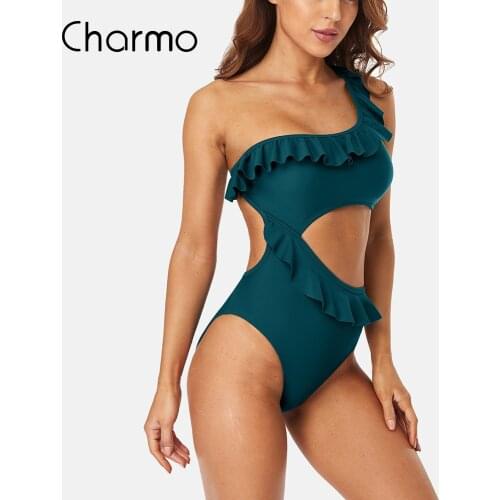 Charmo One Piece Swimsuits Women Solid One Shoulder Bathing Suits Backless Monokini Swimwear