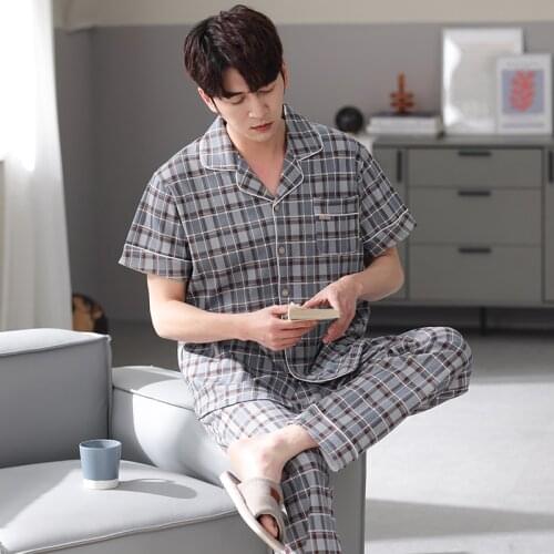 Couple Nightwear Suit Summer Generous Leisure Short Sleeve Pajamas Plaid Pattern Homewear Men Plus Size 3XL Cotton Pijamas Mujer