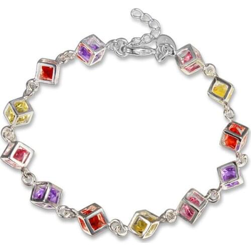 MOONROCY Silver Color Cubic Zirconia Colourful Crystal Bracelet Cube Bangle for Girls Women Gift Dropshipping Wholesale