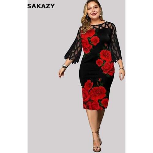 Size L-5xl Dresses For Women 2021 Elegant Slim Bodycon Dress Autumn Vintage O-neck Print Lace Patchwork Party Dress Vestidos