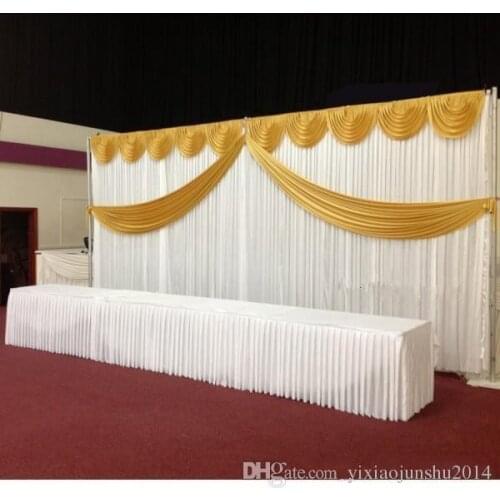 10ft*20ft White ice silk Wedding Backdrop Curtain With Swags gold drape Luxury Wedding Props Satin Drape curtain party decortion