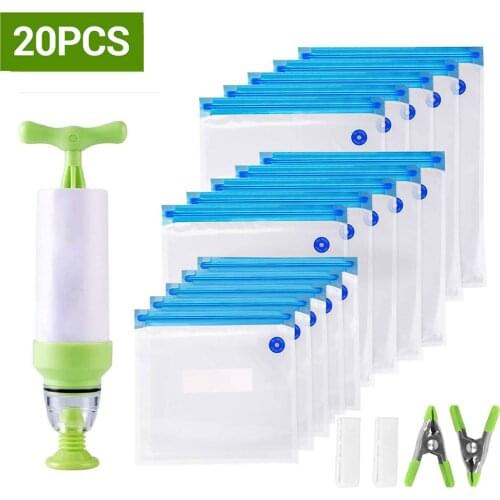 20Pcs/set Food Storage Bags Reusable Vacuum Seal Bags With Hand Pump Vacuum Plastic Bag Wrap For Food Storage Freezing Freshness
