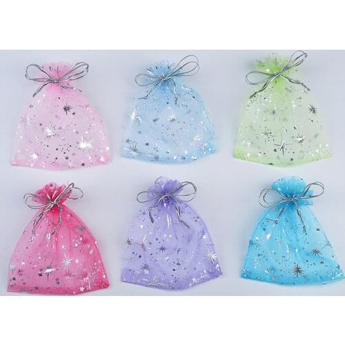 50Pcs 9*12CM Multicolor Silver Sequins Stars Shape Organza Pouches For Packaging Earrings Necklace Little Jewelry Bags
