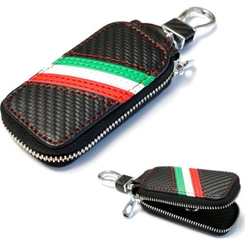 Car Accessories Carbon Fiber Italian Flag Stripe Carbon Fiber Pattern Leather Key Chain Cover Wallet Car Leather Key