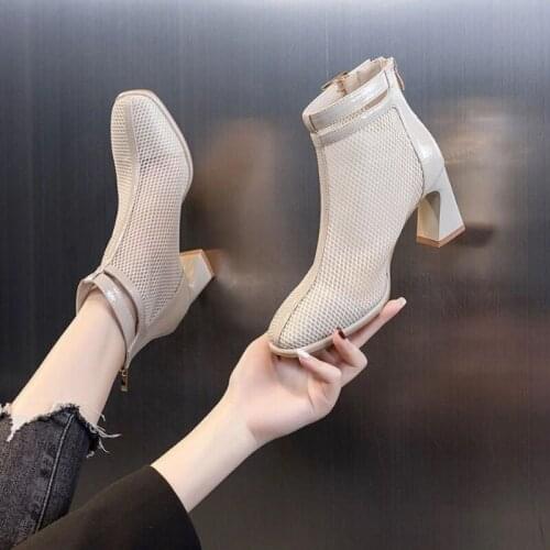 Vogue Boots Women New Female Shoes Zipper Ladies Rubber Summer Rock High Heel Med Sandals Ankle Square Toe Fretwork Solid Spring