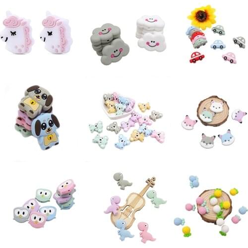 Chenkai 10PCS Silicone Koala Dog Pineapple Fox Cloud Car Bird Teether Beads Baby Cartoon Animal Teething Beads For Newborn Gifts