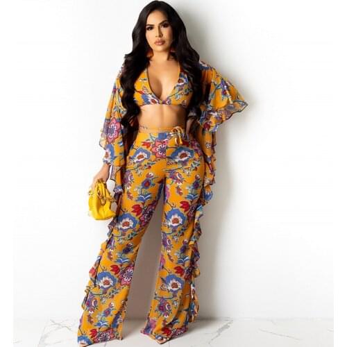 Two 2 Piece Sets Women Set Print Ruffles Wrist Sleeve V-Neck Crop Tops Flare Pants Y2K Sexy Fashion Outfits Summer Suits 2021
