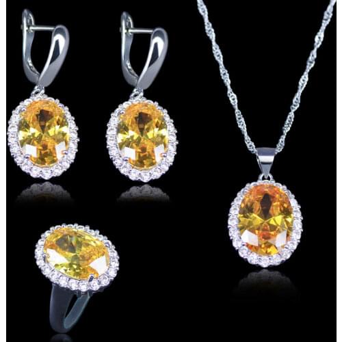 Three Piece Cubic Zirconia Necklace Earrings Ring Set Fashion Silver Color Big Oval Sparkling Yellow Jewelry Sets
