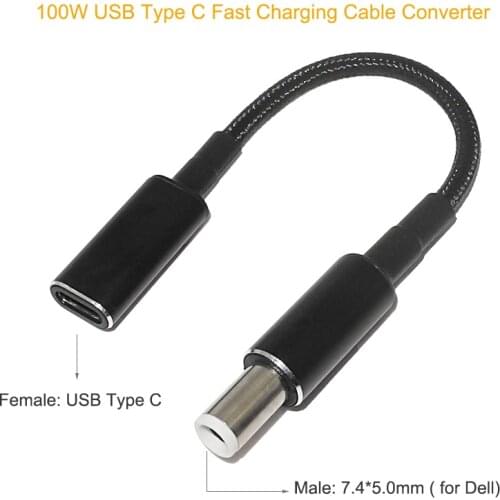 100W Type C Adapter Converter USB-C PD Fast Charging Cable Cord USB Type C Female to 7.4*5.0mm Plug for Dell Notebook Charger