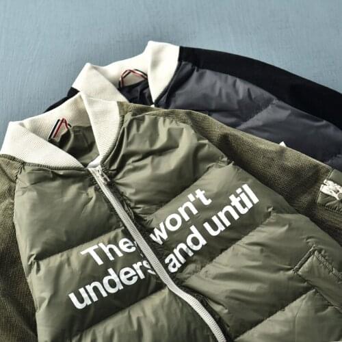 2021 Winter New Thickened Baseball Collar Letter Printed Down Jacket Mens Fashion Versatile Casual Warm Corduroy Splicing Coat