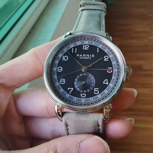 Fashion Parnis 42mm Black Dial GMT Automatic Mechanical Mens Watch Leather Band Calendar Auto Date Wristwatch 2020 With Box Gift