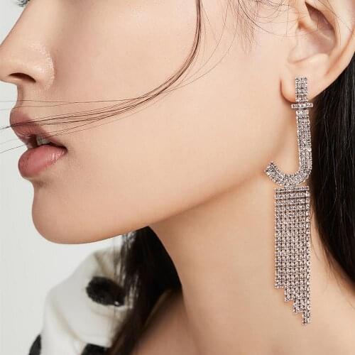 Fashion New womens Tassel Zircon Rhinestone Letter J Hanging Claw Chain Earrings Tassel Long Temperament Popular Earrings