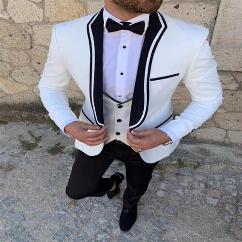 Newest Men Suits 3 Pieces White And Black Custom Made Wedding Suits Lapel Cotton High Quality Handsome Business (Coat+Pant+Vest)