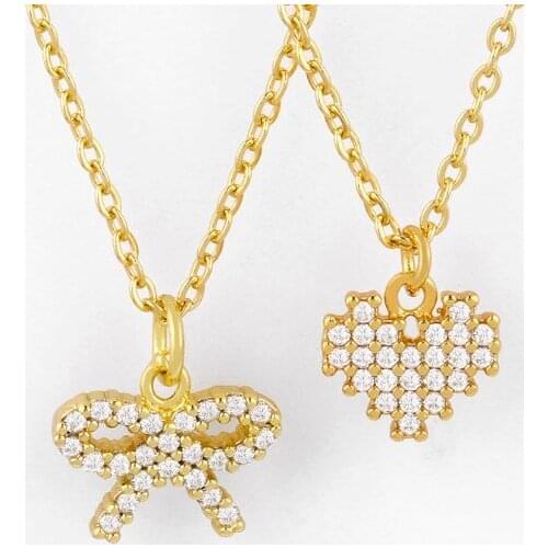Bow-knot heart micro pave cz zircon cubic zirconia necklace copper Clavicle gold plated Snake Chain Choker Pendant 5fg34
