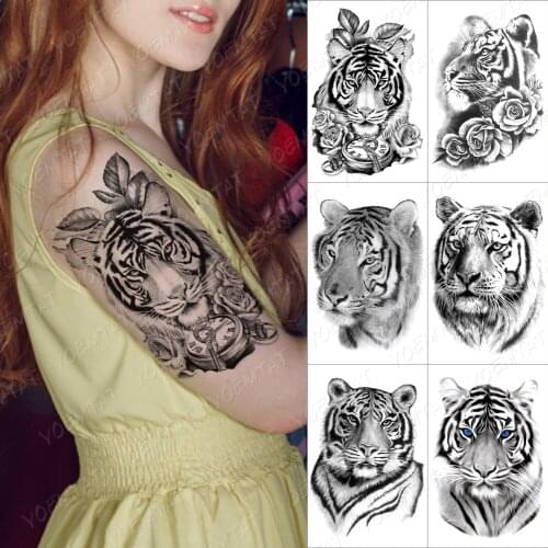 Temporary Tattoo Sticker For Men Women Wild Animal Tiger Lion Wolf Fox Henna Owl Flowers Clock Body Art Waterproof Fake Tatoo