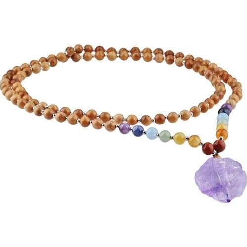 SUNYIK Amethyst Charms 7 Chakra Stone Mala Bracelet/Necklace,108 Tibetan Buddist Wood Beaded Prayer Bead