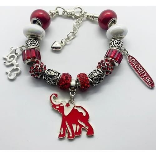Hot Greek letter society DELTA DST sorority red elephant 1913 pendant big hole beads bracelet