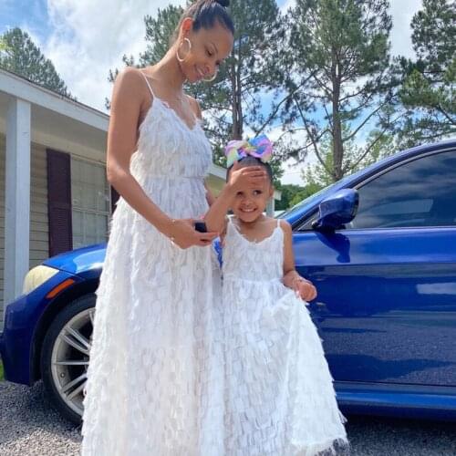 Tassel Sleeveless Mommy and Me Dresses Family Matching Mother Daughter Clothes White Wedding Dress for Women Girls Kids Outfits