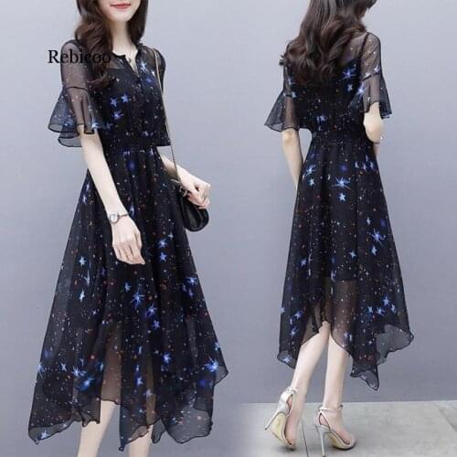 Chiffon dress female summer new slim irregular print short-sleeved dress large size S-3XL high quality fashion elegant vestidos