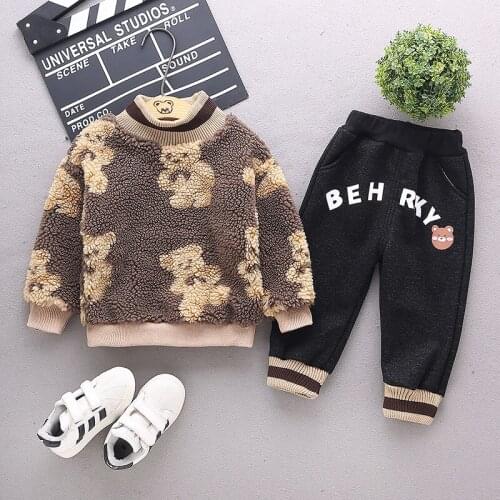 Winter Warm Kids Casual Cartoon Thicken Velvet Clothes Baby Boy Girls Bear Sweatshirt Thick Pants Children Fashion Tracksuit Set