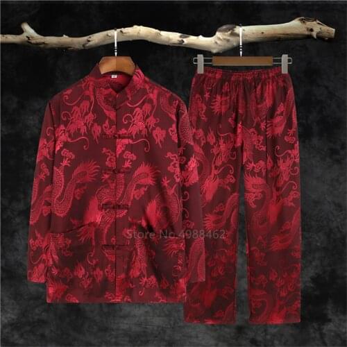 Traditional Chinese Clothing Set Man Oriental 2 Pieces Tai Chi Kung Fu Uniforms Short Sleeve Satin Dragon Chinese Costumes Hanfu