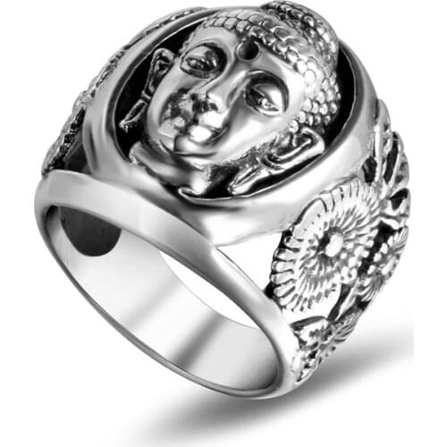 Vintage Buddha Head Bless Ring Stainless Steel Buddhism Jewelry Fine Polished Never Fade Good Lucky Ring for Men US Size 7-13