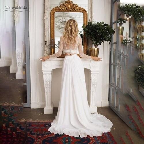 Vintage Simple Lace Wedding Dress Two Pieces Bohemian Long Sleeves Illusion Body A Line Bridal Gown SWD23