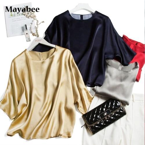 Temperament Silky Heavy Silk Satin Woman Short Sleeve Round Neck Solid Color Top T-Shirt Bat Sleeve Retro 2021 Spring Summer New