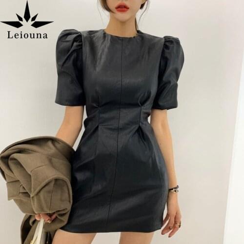Leiouna O-Neck 2021 Spring Leather Women Dresses Puff Sleeve Slim Waist Dress Female Solid Lady Office Faux Leather Vestidos