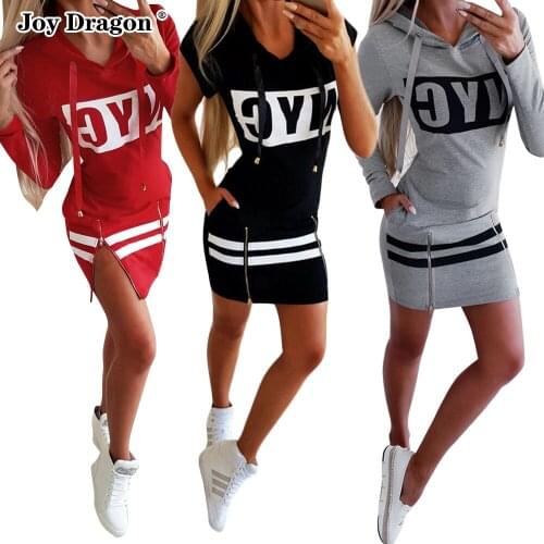 Women Hoodies Dresses Autumn Fashion Long Short Sleeve Bodycon Print Zipper Mini Dress Plus Szie Skinny Pullover Summer Slim Fit