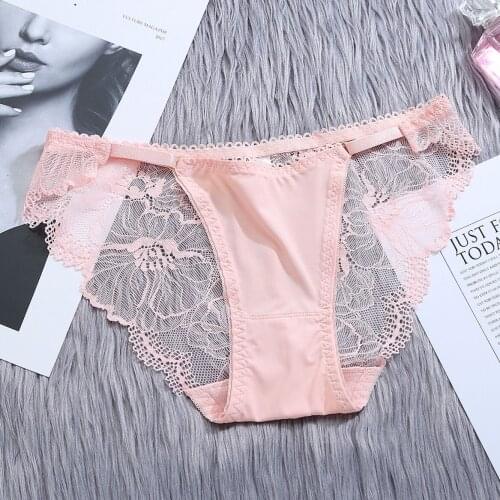 Anewmorn Strappy Lace Panties Female Sexy Transparent Pure Cotton File Womens Underwear Breathable Ice Silk Womens Briefs