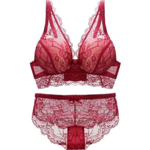Women Bra Sexy Lingerie Solid Color Lace Embroidery Push Up With Steel Ring Gathering 3/4 Cup Bra + Panties Set New