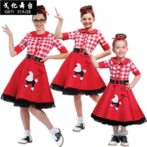 Halloween Womens parent-child costume world famous family series fifties red plaid blue dot dress