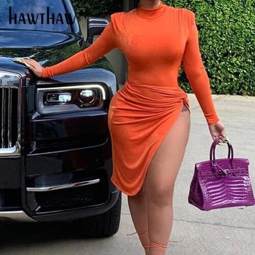 Hawthaw Women Autumn Winter Long Sleeve Soild Color Party Club Bodycon Open Fork Split Dress 2020 Fall Clothes Streetwear
