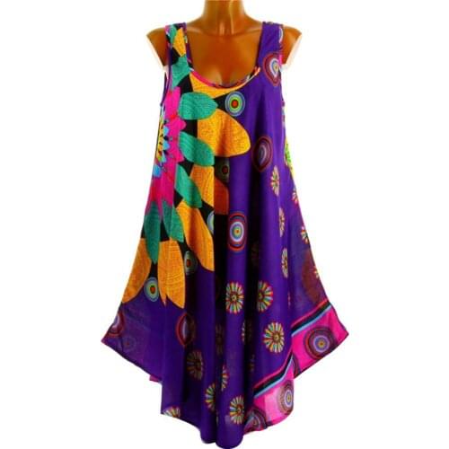 Summer dress Casual Summer Women Round Neck Sleeveless Sunflower Print Loose Irregular Dress robe femme Womens Clothing 2021