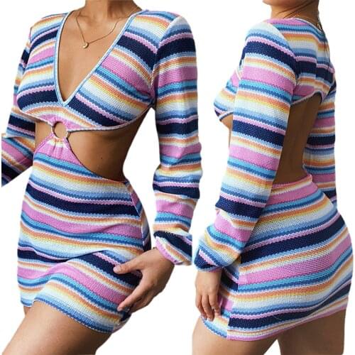 2021 New Ladies Sexy V-neck Short Dress Cover Up Women Temperament Mixed Color Stripes Long Sleeve Waist Hollow Knitted Skirt