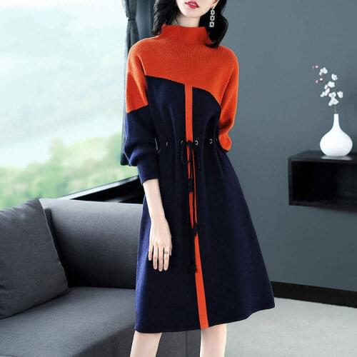 Autumn Winter Fashion Turtleneck Sweater Dresses Hit Color Female Casual Knitted A-Line Dress Women Waist Knitting Dress