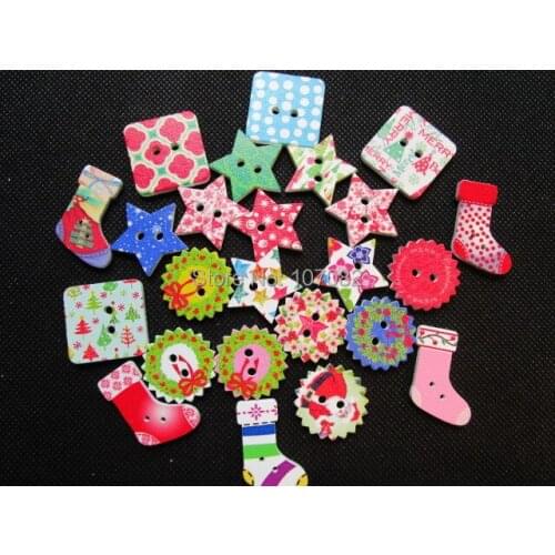 1000pcs Mixed Shapes Wood Painted Christmas Buttons 2 Holes Wooden Button For Cardmaking Scrapbooking 20-30mm/pc