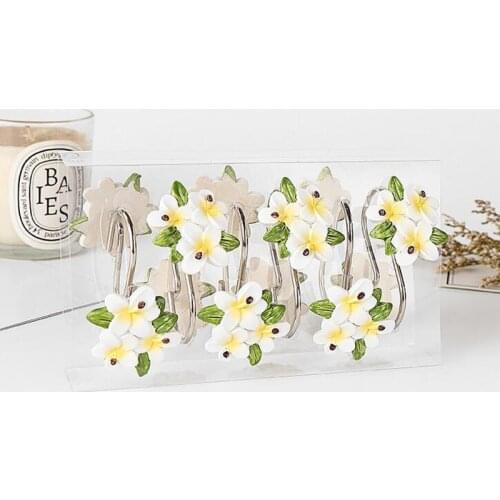 12pcs/pack Resin flowers Shower Curtain Rings Hooks Rust-Resistant Curtain Bathroom Accessories Polished Satin Nickel iron Hook