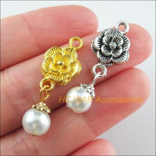 18Pcs Gold Tibetan Silver Tone Rose Flower White Glass Beads Charms Pendants 12x34mm