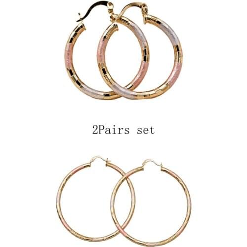 2 Pairs Trendy Gold Pink Plated Copper Round Hoop Earrings For Women Girls Fashion Jewelry Accessories Birthday Wedding Gift