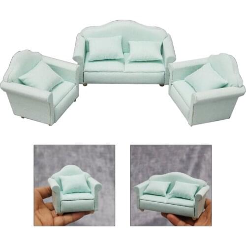 3Pcs 1/12 Scale Miniature Dollhouse Love Seat Sofa Armchair Set, Dolls House Furniture Couch, Green Color