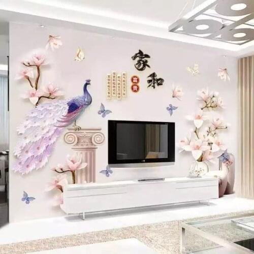 3D Peacock Chinese Style Wall Stickers Large Bottle Flowers Vinyl Living Room Hallway Bedroom Home Decor Decoration Poster