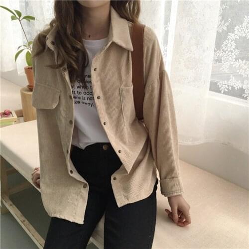 Women Autumn Loose Shirts Korean Solid Blouse Long Sleeve Pockets Corduroy Blouses Women Tops Outwear Femme Coats