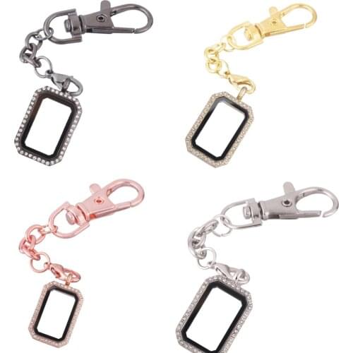 1pcs Rectangle with Rhinestone Alloy Floating charm Locket Keychain with Lobster clasp DIY twist memory Glass locket Key chain