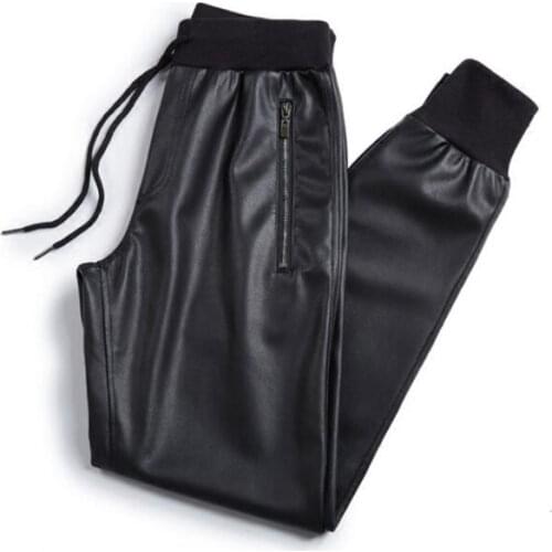 Black fashion motorcycle faux leather pants mens feet pants Loose personality Elastic waist pu trousers for men pantalon homme