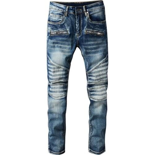 European American Street Fashion Men Jeans Retro Blue Slim Fit Spliced Designer Biker Jeans Men Hip Hop Denim Punk Pants Hombre