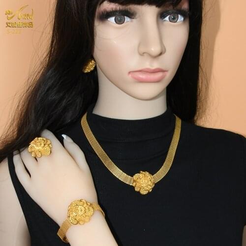 Ethiopian Bridal Wedding Collection Jewelry Set For Women Dubai Gold Jewellery Flower Pendant Necklace And Earrings Nigeria Gift
